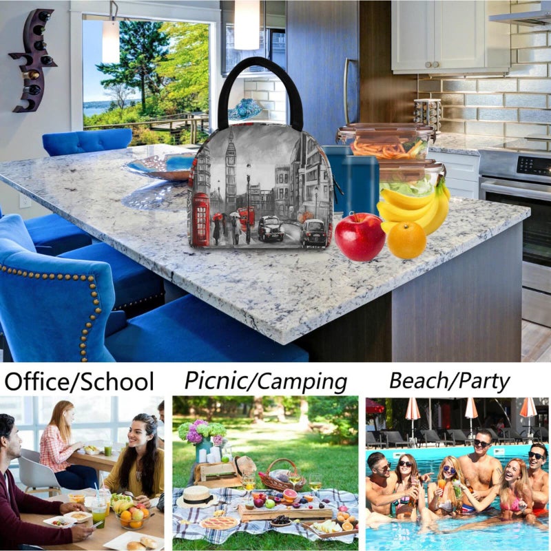 ZzWwR Stylish London Street View Big Ben Reusable Lunch Tote Bag with Front Pocket Zipper Closure Insulated Thermal Cooler Container Bag for Man Women Work Picnic Travel Beach Fishing - Image 5